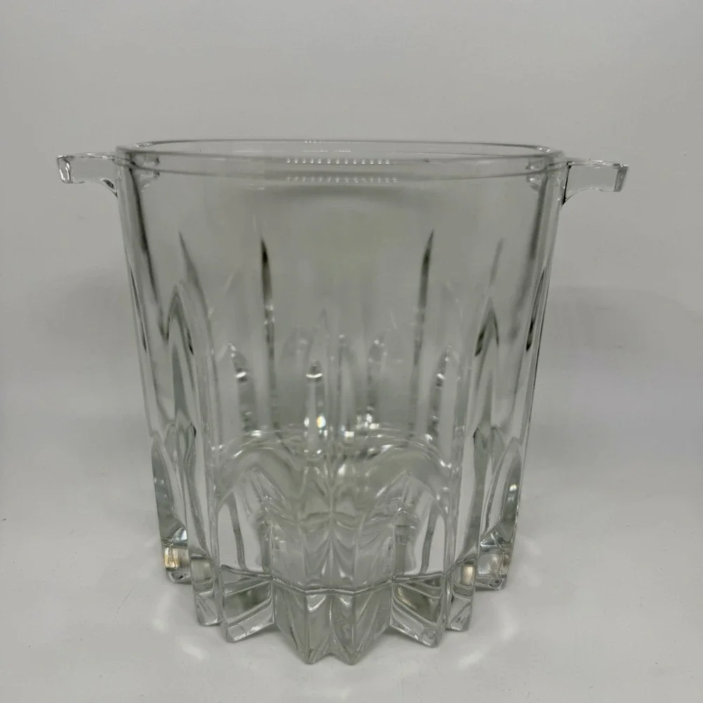 Italy Clear Glass Ice Bucket Heavy Panel Cut Starburst Base Vintage Barware